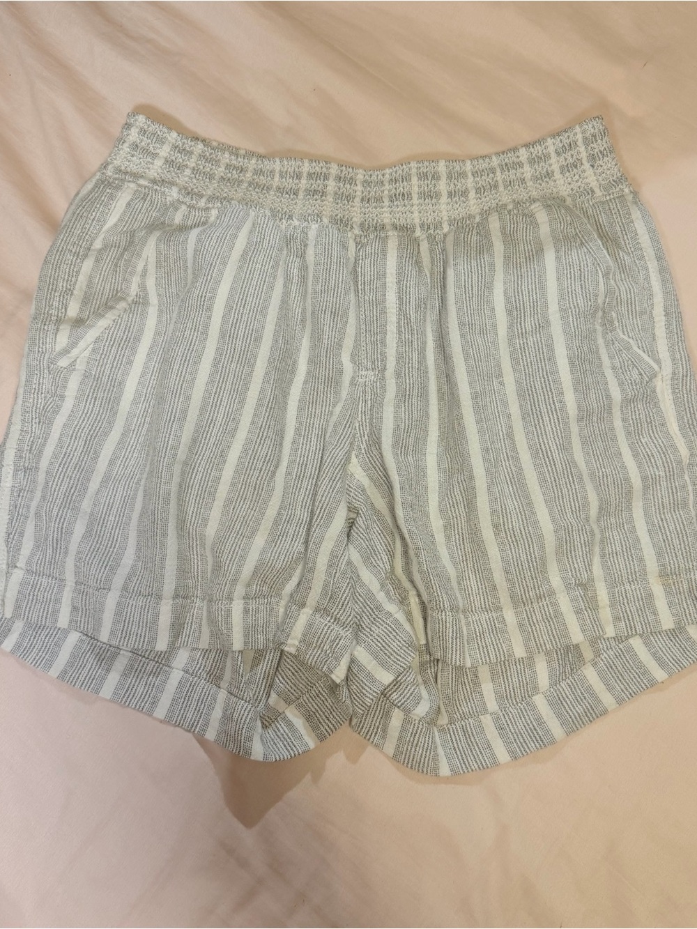 Gray and White Striped Elastic-Waist Women’s Shorts